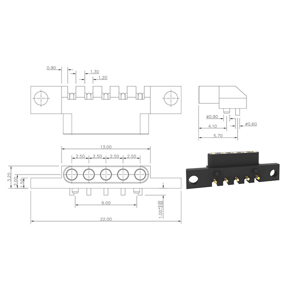 포고 핀 5핀 1.7x6.0 굴곡부 0.6x1.1 테일 노출 1.0mm 간격 2.5mm 금도금 3u
