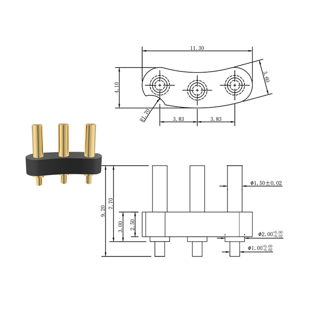 포고 핀 12V 1A 3핀 2.0x9.2 테일 1.0x1.5 간격 3.8mm 금도금 3u 재질 황동 C3604