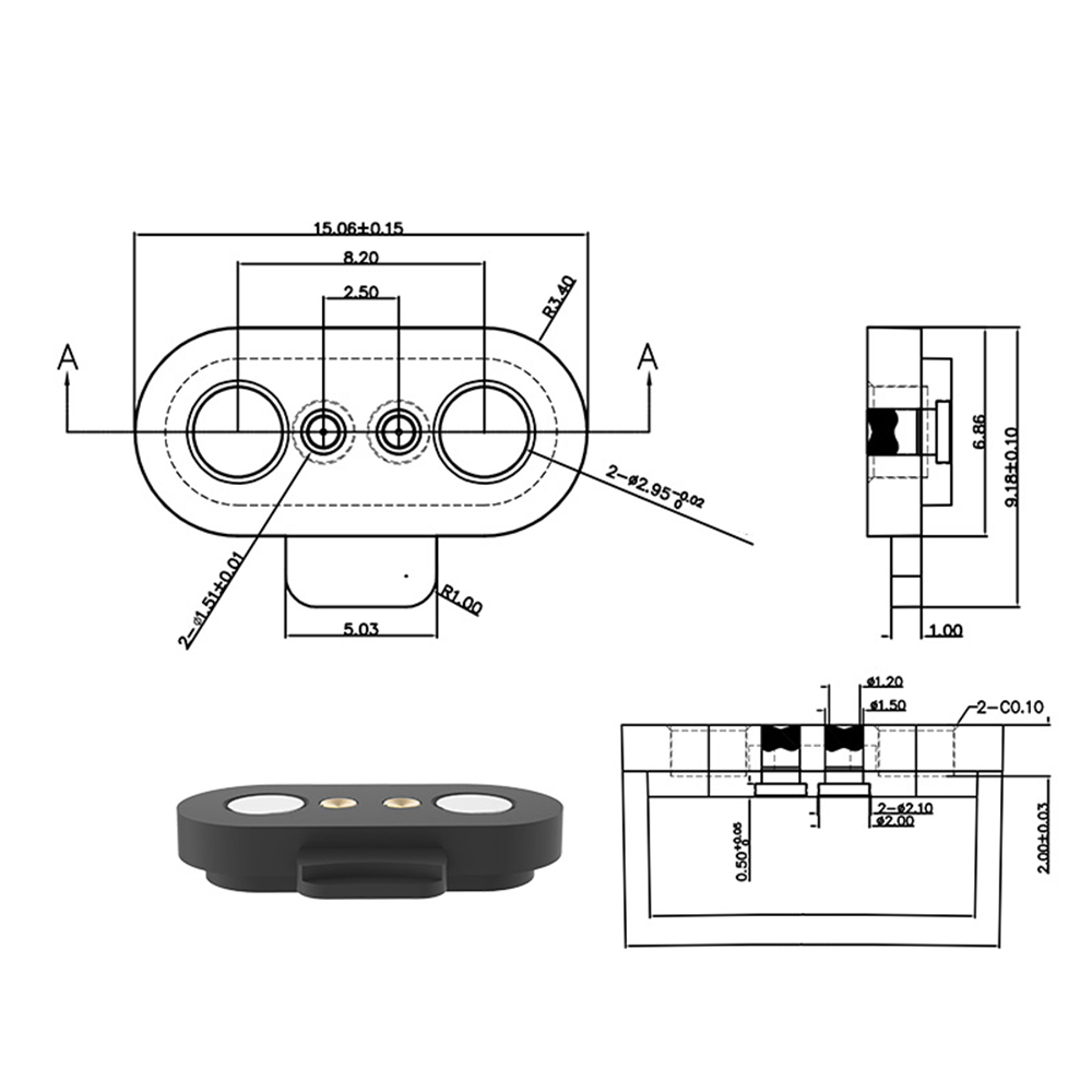 Pogo Pin 2pin 2.0x2.8 2PIN 间距 2.5mm 镀金 3u 材质 黄铜 C3604 磁吸